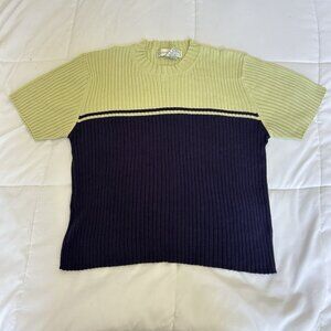 Vintage Y2K 90s Womens Large Blue Green Cable Ribbed Round Neck T Shirt Sweater